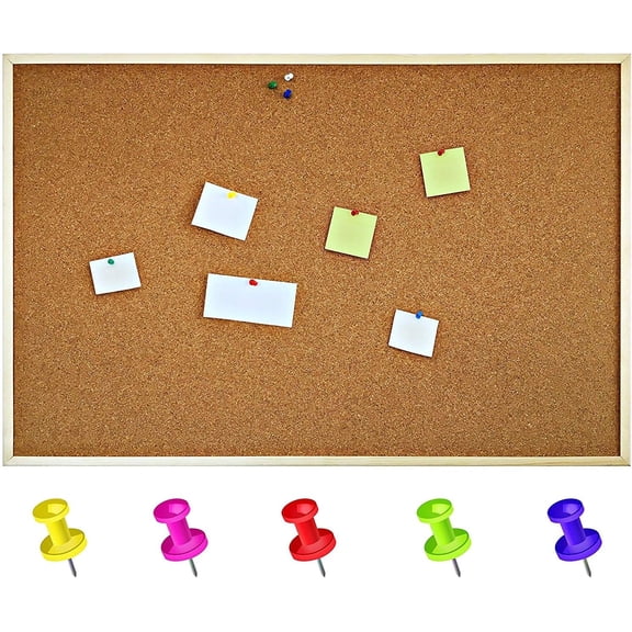 35.43 x 23.62 in Cork Pin Notice Board (+/- 1.18 in) | Wooden Pine Frame | 5 Push Pins Included | Perfect Corkboard for Office, Home, Kitchen, Bedroom, School, Cafe