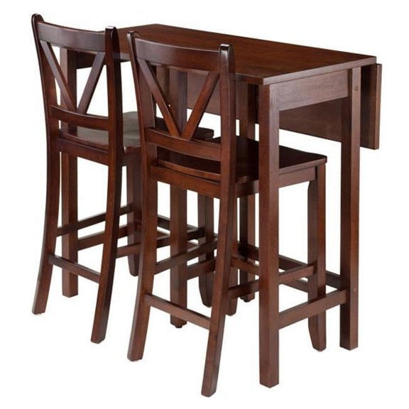 35.43 x 39.37 x 30 in. Lynnwood Drop Leaf Table with 2 Counter V-Back Stools, Walnut - 3 Piece