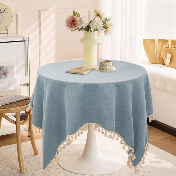 35.43in Small Cotton Linen Round Tablecloth with Tassel, Washable Wrinkle Resistant Waterproof Farmhouse Decorative Table Cloths for Wedding Camping Party Holiday(Blue)