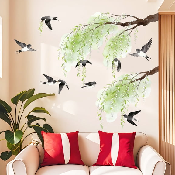 35.43in Willow Branch Bird Wall Decal for Living Room Bedroom Entryway Decor, Removable PVC Greenery Swallow Wall Sticker for TV Background Accent