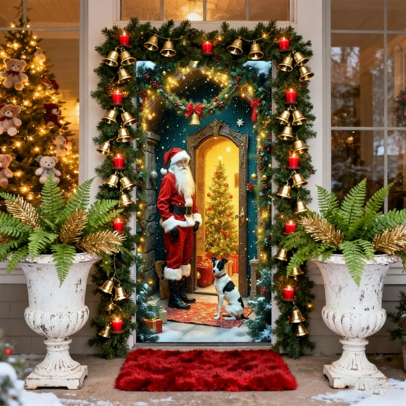 Taicans 35.43in x 70.87in Christmas Door Cover,Deer & Poinsettia Design,Waterproof,Reusable,Holiday Decor for Home,Garage,Party,Farmhouse Home office Party