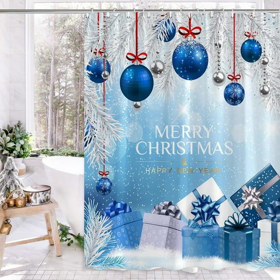 35.43x70.87 Inch Christmas Ball Shower Curtain Colorful Christmas Decor with Green Candy Cane Hanging on Branches for Bathroom Holiday Decoration (Blue1)