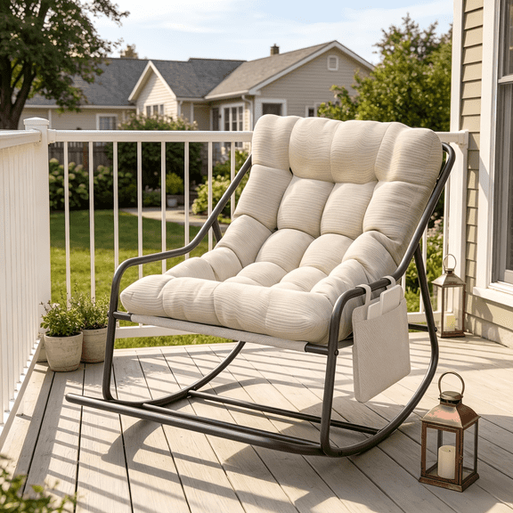 Junkai Striped Cushion Rocking Chair with Metal Frame, Side Pocket and Extended Footrest, Outdoor Patio Rocker for Balcony Garden, Beige