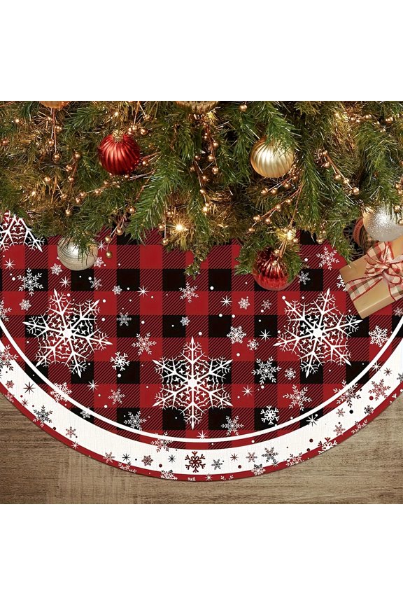 35.4Inch Xmas Tree Skirt - Classic Red & Black Checkered Design with Snowflakes, Waterproof Base