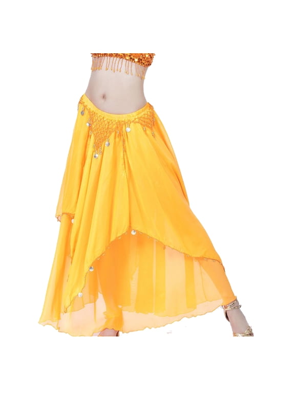 35.4in 120D Chiffon Women's Belly Dance Skirt with Coins,Orange