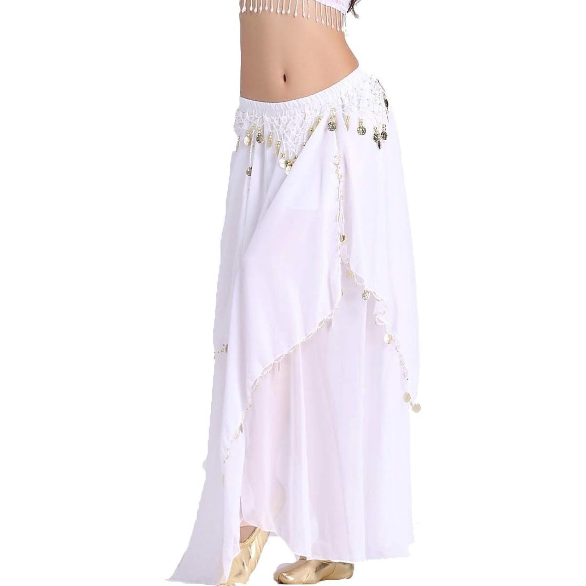 Women\'s White Imported Chiffon Belly Dance Costume Indian Dance Skirt with Coins Bollywood Dance Skirts Chiffon Color Women Belly Dance Skirt  main image 4
