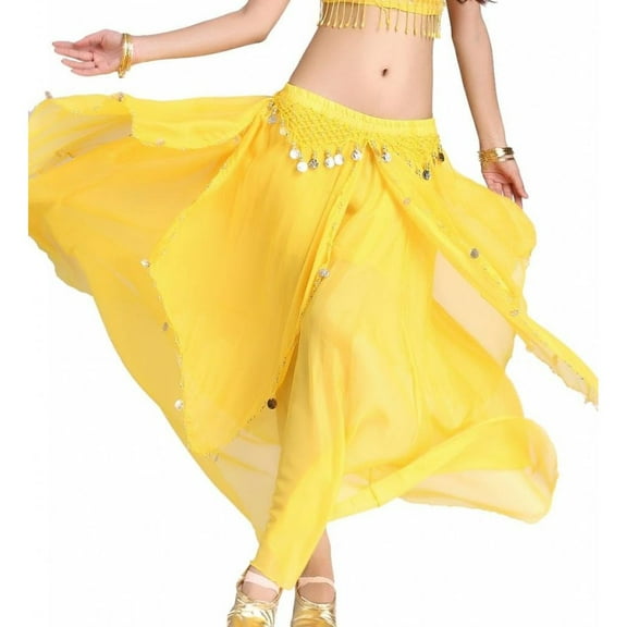 35.4in 120D Chiffon Women's Belly Dance Skirt with Coins,Yellow