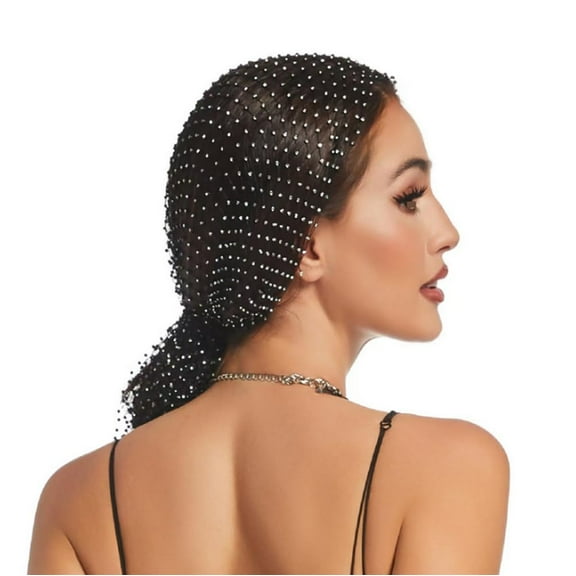35.4in Rhinestone Head Scarf Mesh Headbands Glitter Crystal Headscarf Fishnet Turban Nightclub Headwrap Hair Accessory(Black)