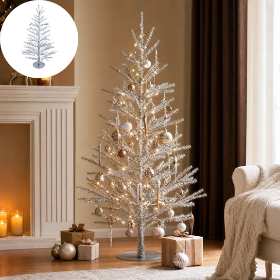 35.4in Slim Silver Tinsel Tabletop Mini Christmas Tree with Metal Base, Artificial Pencil Pine Small Xmas Tree, for Mantel Window Shelf Apartment SmallSpace Indoor Winter Holiday Decorations