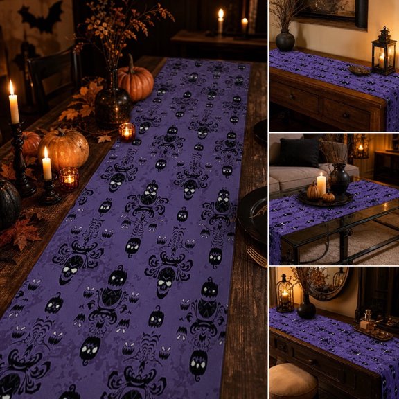 35.4x13in Halloween Table Runner Purple Gothic Skull Pumpkin Print Polyester Spooky Dining Decor Holiday Party