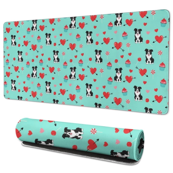 35.4x15.7 Inch Gaming Mouse Pad, Non-Slip Stitched Rubber Desk Mat for Desktop & Laptop,Border Collie Heart Candy Dog Pattern