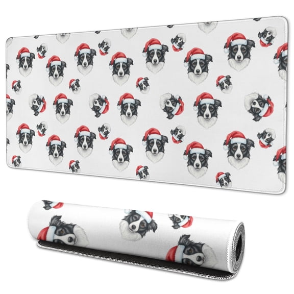 35.4x15.7 Inch Gaming Mouse Pad, Non-Slip Stitched Rubber Desk Mat for Desktop & Laptop,Border Collie Santa Hat Christmas Pattern