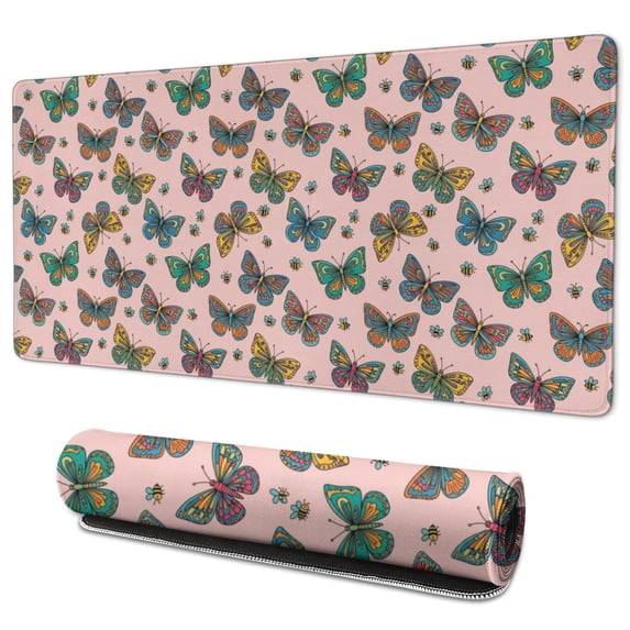 35.4x15.7 Inch Gaming Mouse Pad, Non-Slip Stitched Rubber Desk Mat for Desktop & Laptop,Butterfly Colorful Insect Pink Pattern