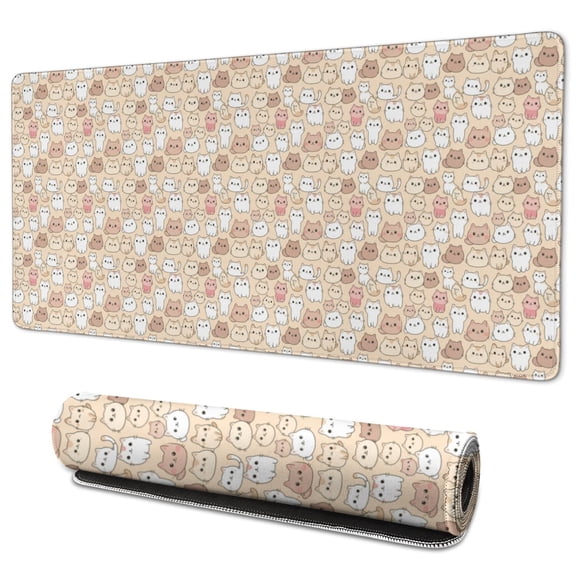 35.4x15.7 Inch Gaming Mouse Pad, Non-Slip Stitched Rubber Desk Mat for Desktop & Laptop,Cat Face Collage Beige Pattern