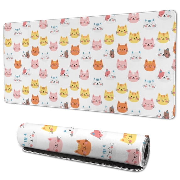 35.4x15.7 Inch Gaming Mouse Pad, Non-Slip Stitched Rubber Desk Mat for Desktop & Laptop,Cat Face Variety White Pattern