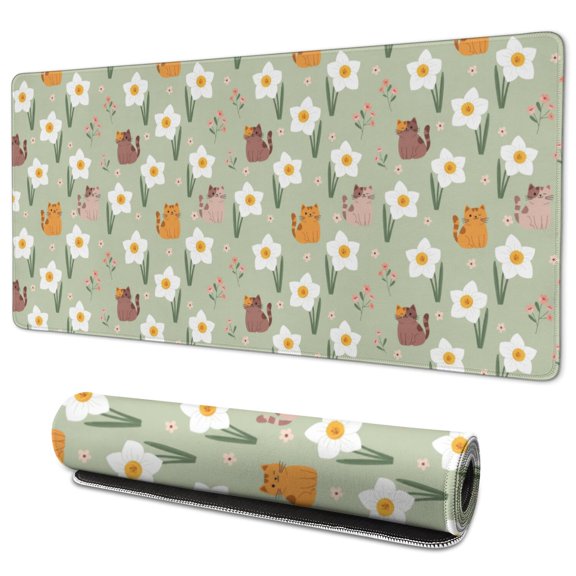 35.4x15.7 Inch Gaming Mouse Pad, Non-Slip Stitched Rubber Desk Mat for Desktop & Laptop,Cat Floral Daffodil Green Pattern