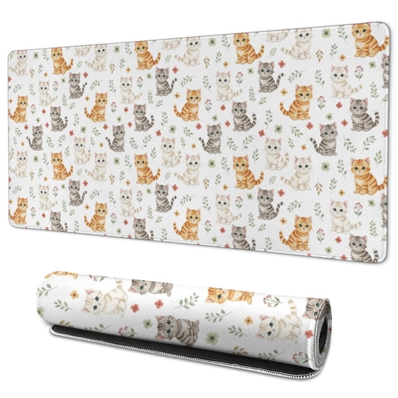 35.4x15.7 Inch Gaming Mouse Pad, Non-Slip Stitched Rubber Desk Mat for Desktop & Laptop,Cat Floral Kitten White Pattern