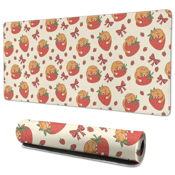 35.4x15.7 Inch Gaming Mouse Pad, Non-Slip Stitched Rubber Desk Mat for Desktop & Laptop,Cat Strawberry Bow Beige Pattern