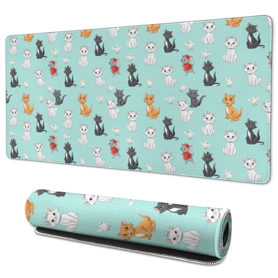 35.4x15.7 Inch Gaming Mouse Pad, Non-Slip Stitched Rubber Desk Mat for Desktop & Laptop,Cat Variety Animal Teal Pattern