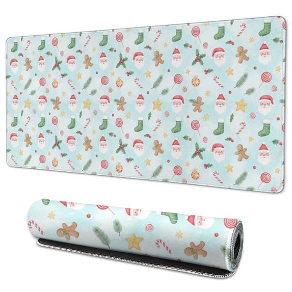 35.4x15.7 Inch Gaming Mouse Pad, Non-Slip Stitched Rubber Desk Mat for Desktop & Laptop,Christmas Santa Gingerbread Man Sock Light Blue Pattern