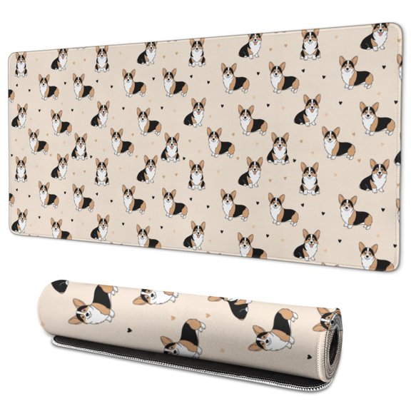 35.4x15.7 Inch Gaming Mouse Pad, Non-Slip Stitched Rubber Desk Mat for Desktop & Laptop,Corgi Pose Heart Beige Pattern