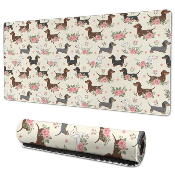 35.4x15.7 Inch Gaming Mouse Pad, Non-Slip Stitched Rubber Desk Mat for Desktop & Laptop,Dachshund Floral Beige Pattern