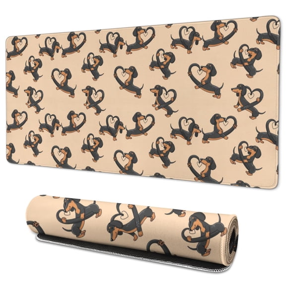 35.4x15.7 Inch Gaming Mouse Pad, Non-Slip Stitched Rubber Desk Mat for Desktop & Laptop,Dachshund Heart Beige Pattern