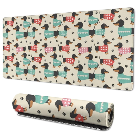 35.4x15.7 Inch Gaming Mouse Pad, Non-Slip Stitched Rubber Desk Mat for Desktop & Laptop,Dachshund Sweater Paw Beige Pattern