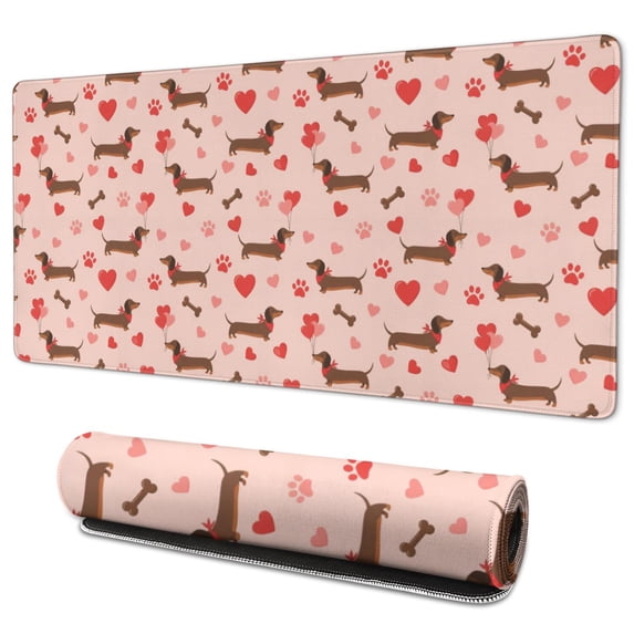 35.4x15.7 Inch Gaming Mouse Pad, Non-Slip Stitched Rubber Desk Mat for Desktop & Laptop,Dachshund Valentine Pink Pattern