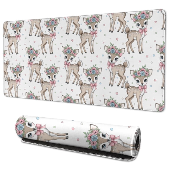 35.4x15.7 Inch Gaming Mouse Pad, Non-Slip Stitched Rubber Desk Mat for Desktop & Laptop,Deer Floral Crown Pink White Pattern