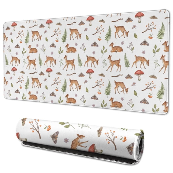 35.4x15.7 Inch Gaming Mouse Pad, Non-Slip Stitched Rubber Desk Mat for Desktop & Laptop,Deer Forest Mushroom White Pattern