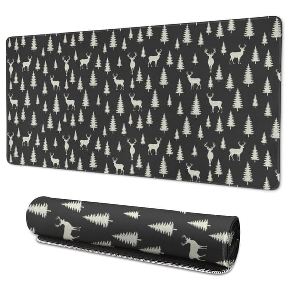 35.4x15.7 Inch Gaming Mouse Pad, Non-Slip Stitched Rubber Desk Mat for Desktop & Laptop,Deer Forest Tree Black Pattern