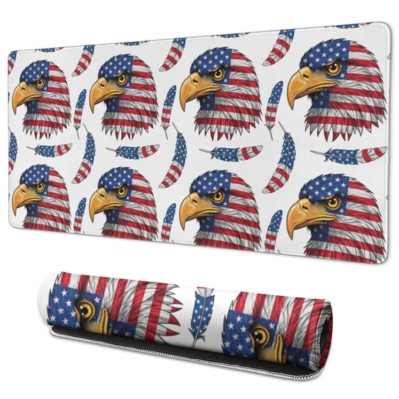35.4x15.7 Inch Gaming Mouse Pad, Non-Slip Stitched Rubber Desk Mat for Desktop & Laptop,Eagle Flag Head Feather White Pattern
