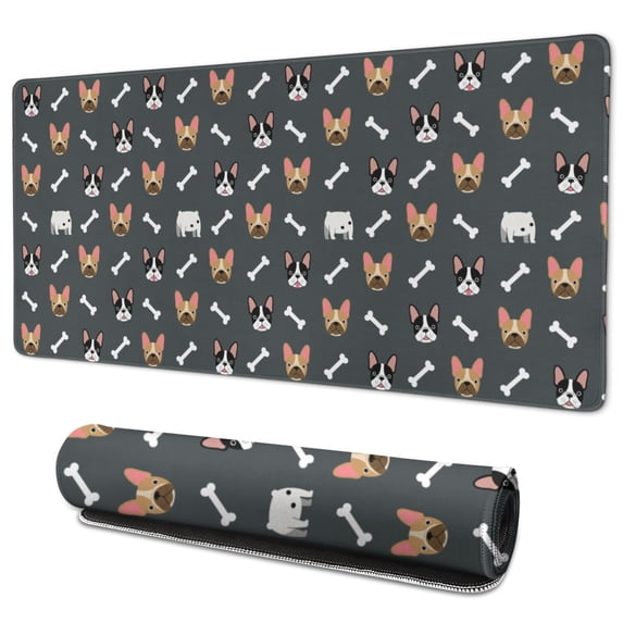 35.4x15.7 Inch Gaming Mouse Pad, Non-Slip Stitched Rubber Desk Mat for Desktop & Laptop,French Bulldog Face Bone Gray Pattern