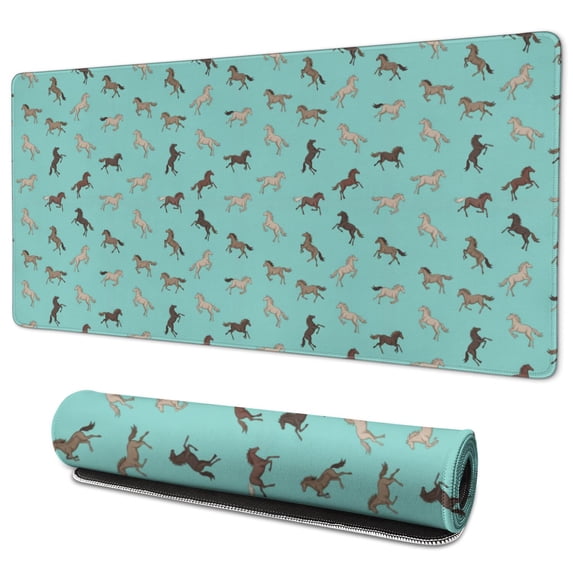 35.4x15.7 Inch Gaming Mouse Pad, Non-Slip Stitched Rubber Desk Mat for Desktop & Laptop,Horse Mini Run Light Teal Pattern