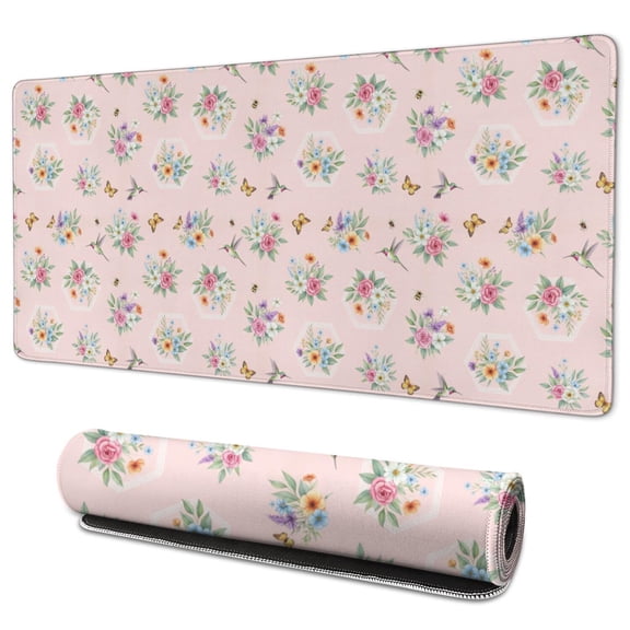35.4x15.7 Inch Gaming Mouse Pad, Non-Slip Stitched Rubber Desk Mat for Desktop & Laptop,Hummingbird Floral Butterfly Pink Pattern