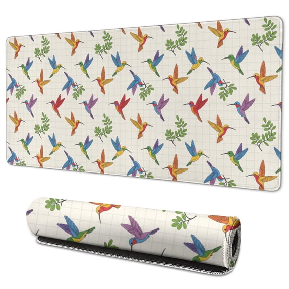 35.4x15.7 Inch Gaming Mouse Pad, Non-Slip Stitched Rubber Desk Mat for Desktop & Laptop,Hummingbird Floral Leaf Grid Beige Pattern