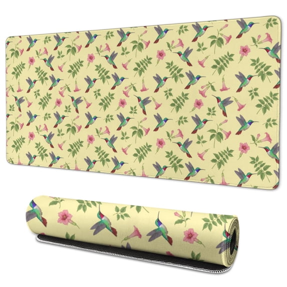 35.4x15.7 Inch Gaming Mouse Pad, Non-Slip Stitched Rubber Desk Mat for Desktop & Laptop,Hummingbird Floral Leaf Yellow Pattern
