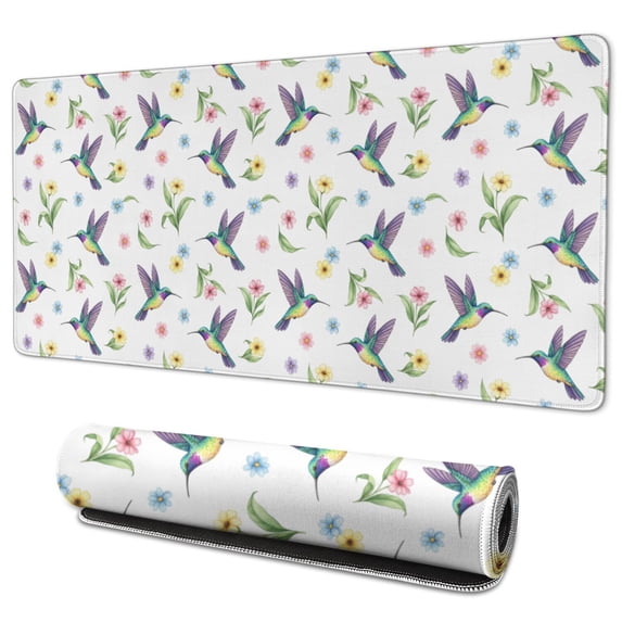 35.4x15.7 Inch Gaming Mouse Pad, Non-Slip Stitched Rubber Desk Mat for Desktop & Laptop,Hummingbird Floral Variety White Pattern