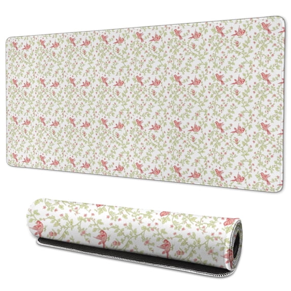 35.4x15.7 Inch Gaming Mouse Pad, Non-Slip Stitched Rubber Desk Mat for Desktop & Laptop,Hummingbird Floral Vine Red White Pattern