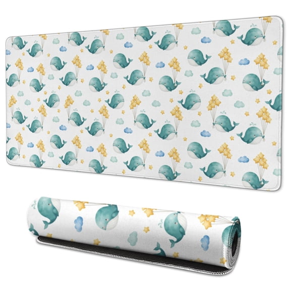 35.4x15.7 Inch Gaming Mouse Pad, Non-Slip Stitched Rubber Desk Mat for Desktop & Laptop,Whale Balloon Cloud Green Pattern
