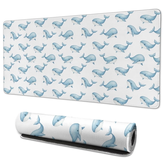 35.4x15.7 Inch Gaming Mouse Pad, Non-Slip Stitched Rubber Desk Mat for Desktop & Laptop,Whale Watercolor Blue White Pattern