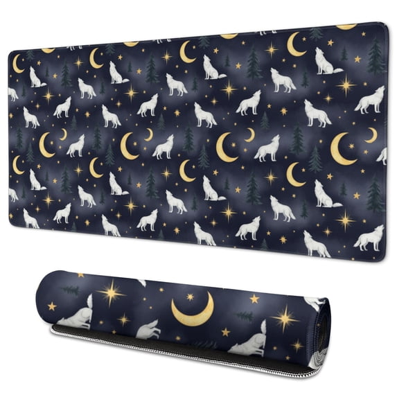 35.4x15.7 Inch Gaming Mouse Pad, Non-Slip Stitched Rubber Desk Mat for Desktop & Laptop,Wolf Celestial Forest Starry Dark Blue Pattern