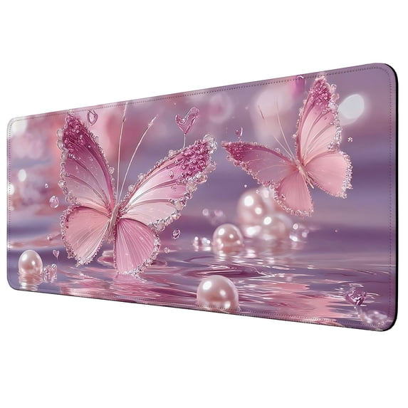 35.4x15.7 Inch Large Mouse Pad for Desk, Decorative Crystal Pink Butterflies Keyboard Mat, Non-Slip Rubber Base XXL Mousepad