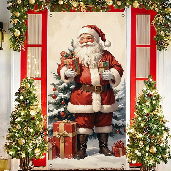 35.4x70.9in Christmas Door Cover - Santa Claus Pattern, Festive Polyester Decoration for Front/Indoor Doors, Holiday Party Wall & Tablecloth