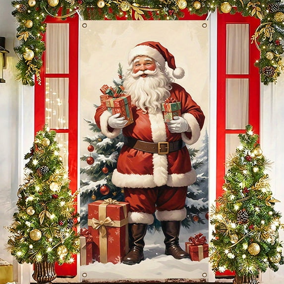 35.4x70.9in Christmas Door Cover - Santa Claus Pattern, Festive Polyester Decoration for Front/Indoor Doors, Holiday Party Wall & Tablecloth