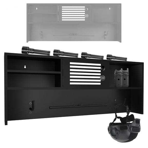35.5"14.5"3.9" Metal Lockable Police Gear Rack with Lockbox Safe, Wall Mounted Tactical Gear Hanger, Hidden Gun Storage Cabinet for Home, Police Department