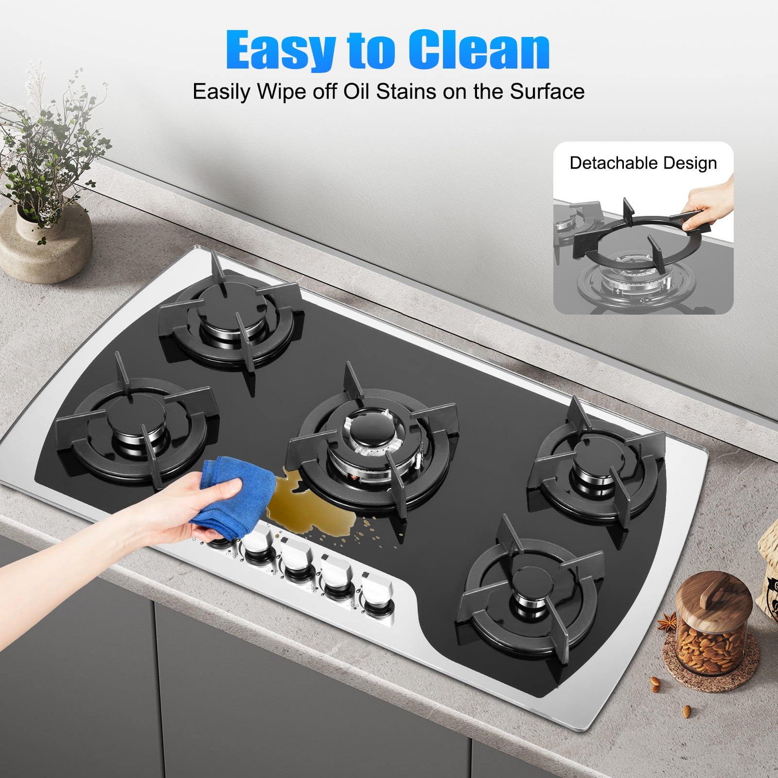 35" 5 Burners Gas Stove Built-In Cooktop LPG/NG Stainless Steel Gas Hob Cooker for Domestic Or Commercial Cooking