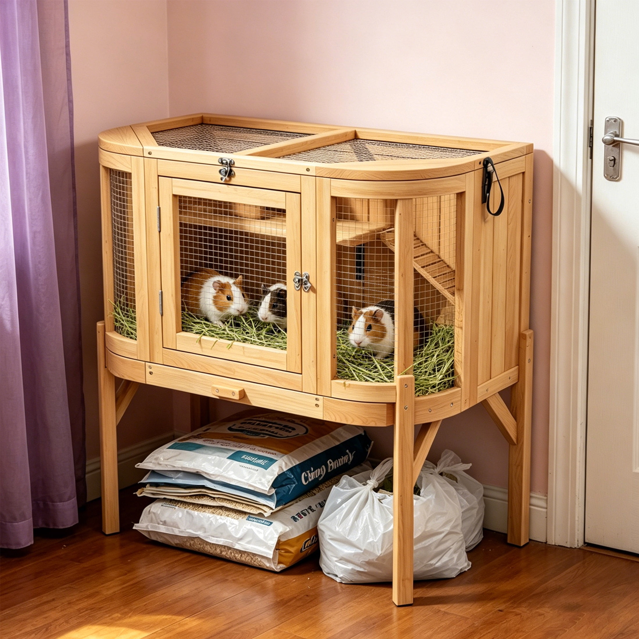 35.5" Elevated Wooden Guinea Pig Cage with Internal Hideout, Curved Guinea Pig Hutch with Openable Top and Removable Tray, Yellow