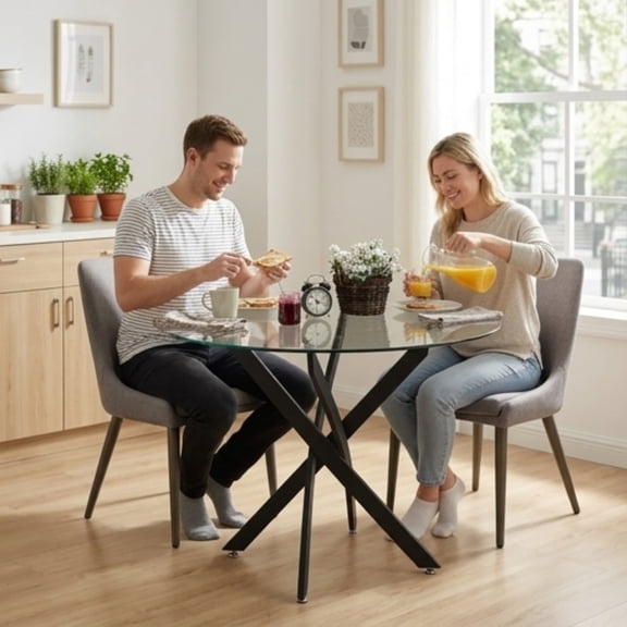 35.5" Glass Round Dining Table, Modern Kitchen Table for Small Space, Tempered Glass Top for Home Kitchen Dining Room, Black